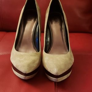 Tan suede with black patent leather heela & accent